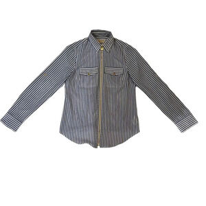 Michael Kors Blue & White Striped Long Sleeve‎ Zip-Up Collared Blouse Size XS